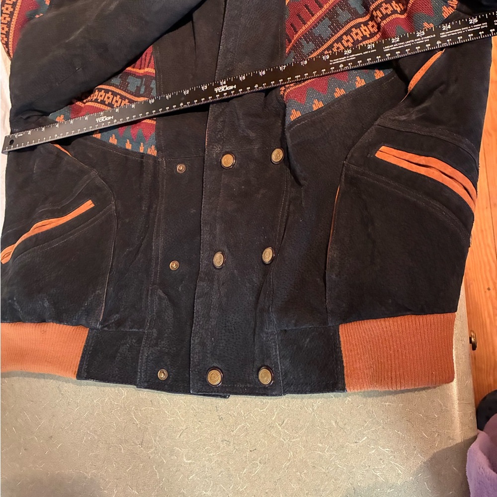 Vintage Aztec Color block Suede Jacket USA Faux Sherpa Trim Rancher *DISTRESSED - Picture 8 of 16